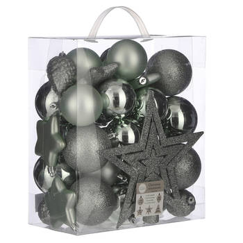 39x stuks kunststof kerstballen en kerstornamenten met ster piek groen mix - Kerstbal