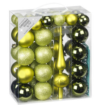 47x Kunststof kerstballen pakket met piek groen - Kerstbal