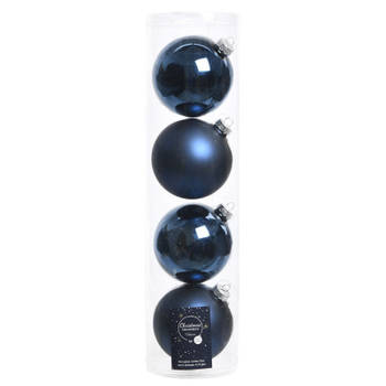 Tubes met 4x donkerblauwe kerstballen van glas 10 cm glans en mat - Kerstbal