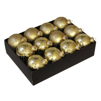 12x Glazen gedecoreerde gouden kerstballen 7,5 cm - Kerstbal