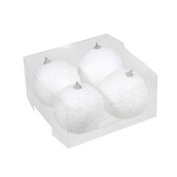 4x Kunststof kerstballen met sneeuw effect wit 10 cm - Kerstbal