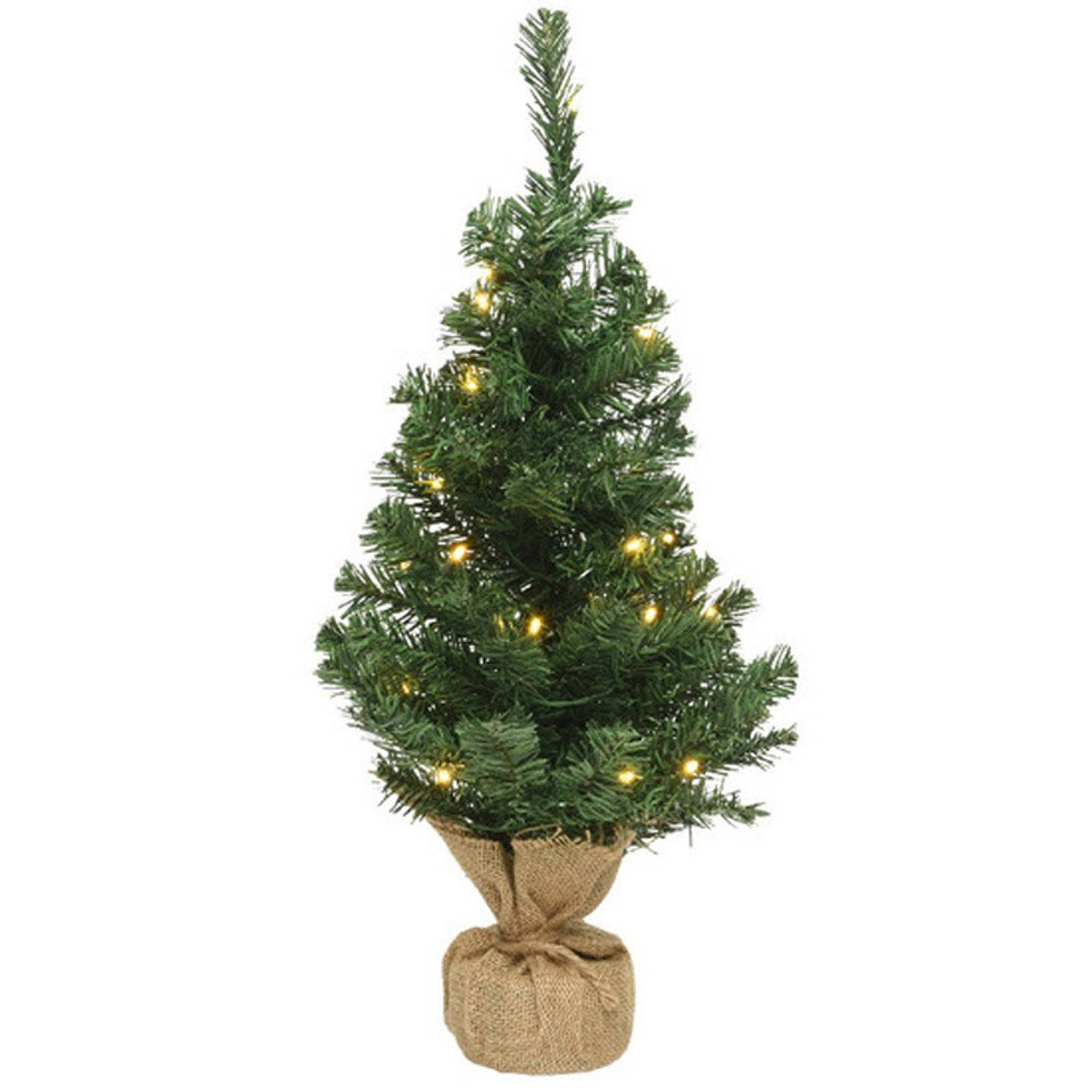 Volle kleine-mini kerstbomen groen in jute zak met verlichting 75 cm Kunst kerstbomen-kunstbomen
