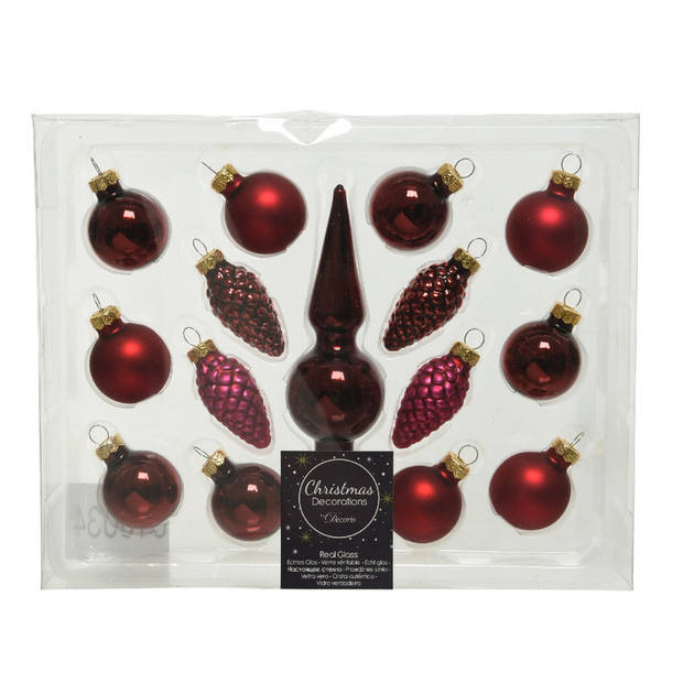 Donkerrode glazen kerstballen 3 cm en piek set voor mini kerstboom 15-dlg - Kerstbal