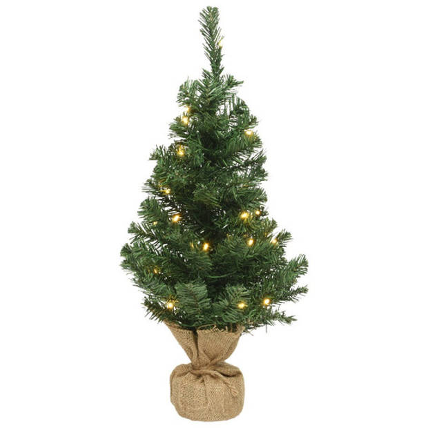 2x Kerst kerstbomen groen in jute zak met verlichting 90 cm - Kunstkerstboom