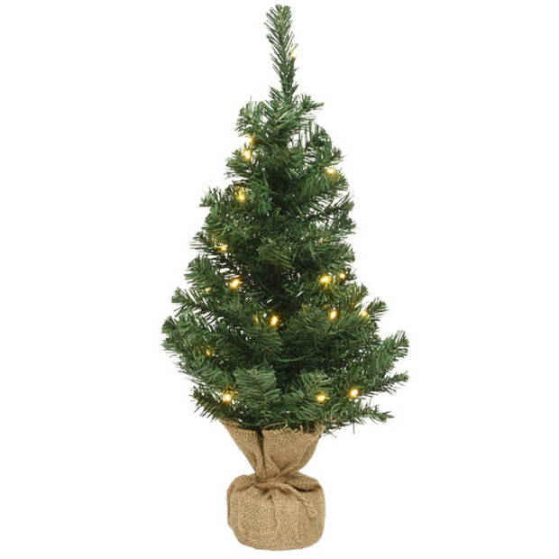 2x Kerst kerstbomen groen in jute zak met verlichting 75 cm - Kunstkerstboom