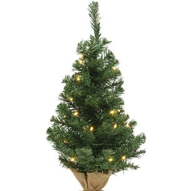 Kerst kerstbomen groen in jute zak met verlichting 60 cm - Kunstkerstboom