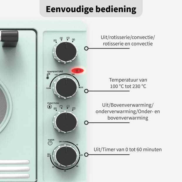 TurboTronic EV45R Retro Elektrische Oven - 45 liter - Turquoise