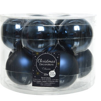Kerstboomversiering donkerblauwe kerstballen van glas 6 cm 10 stuks - Kerstbal
