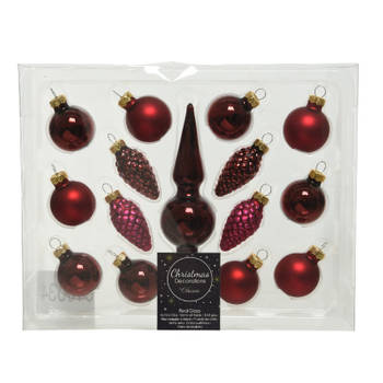 Donkerrode glazen kerstballen 3 cm en piek set voor mini kerstboom 15-dlg - Kerstbal