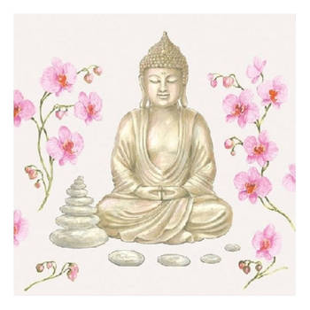 40x Boeddhadecoratie servetten 33 x 33 cm goud/roze Boeddha print - Feestservetten