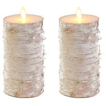 2x LED kaarsen/stompkaarsen wit berkenhout 15 cm met dansvlam - LED kaarsen