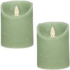 2x LED kaarsen/stompkaarsen jade groen met dansvlam 10 cm - LED kaarsen