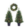 Kerstdecoratie verlichte en versierde krans en boompjes voor de voordeur - Kunstkerstboom