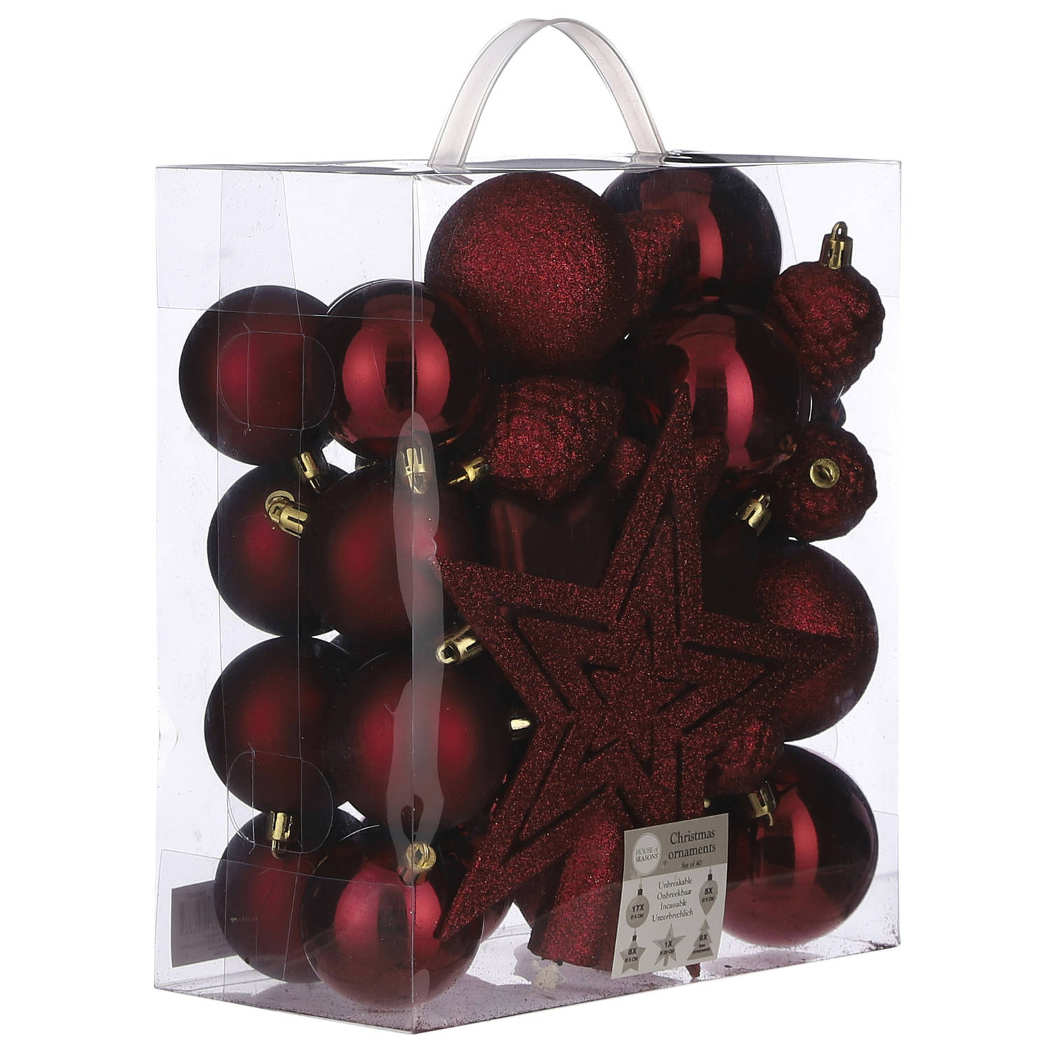 39x Kunststof kerstballen 8 cm met ster piek donkerrood kerstballen pakket met piek donkerrood
