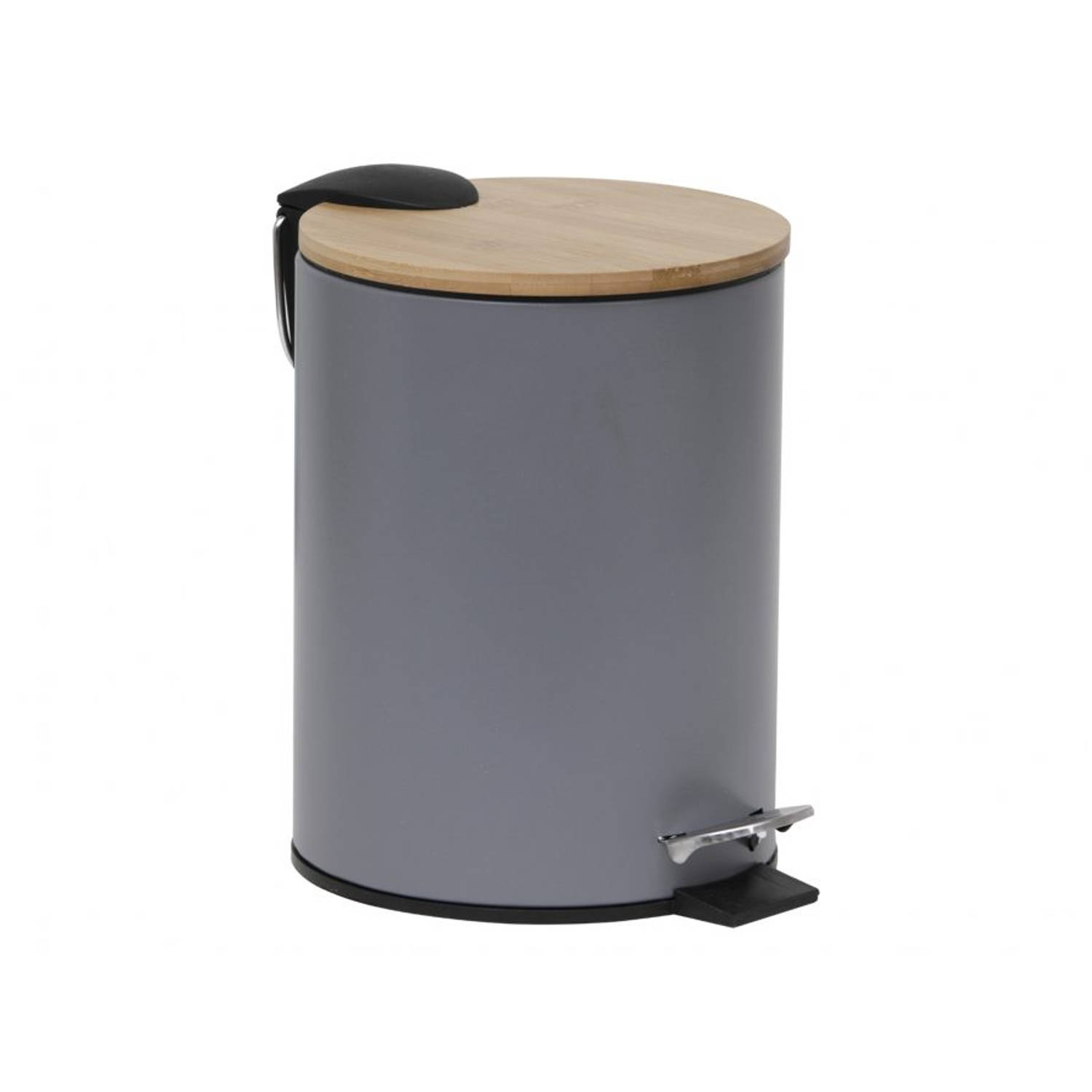 Gebor - Stijlvolle Design Prullenbak Met Bamboe Deksel - Grijs/bamboe - Klein Formaat - 2.5l - Badkamer - Toilet