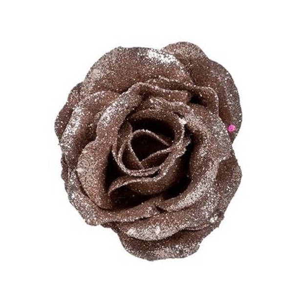 2x stuks kerstboom bloemen/rozen op clip oudroze glitters 7 cm - Kersthangers