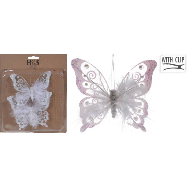 Kerstboomversiering kersthangers 6x witte vlinders op clip 15 cm - Kersthangers