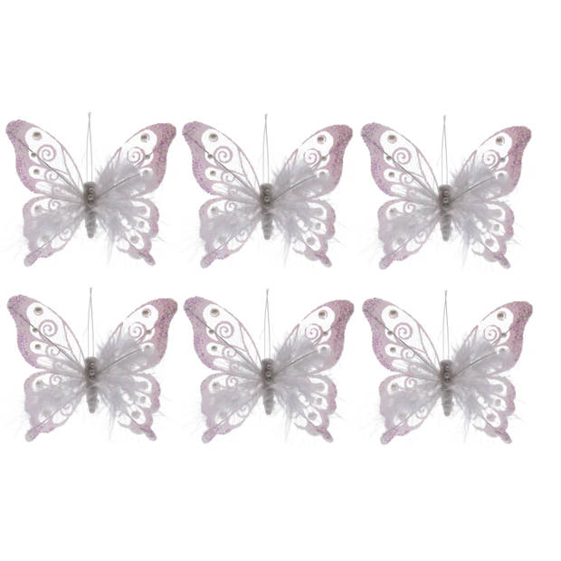 Kerstboomversiering kersthangers 6x witte vlinders op clip 15 cm - Kersthangers
