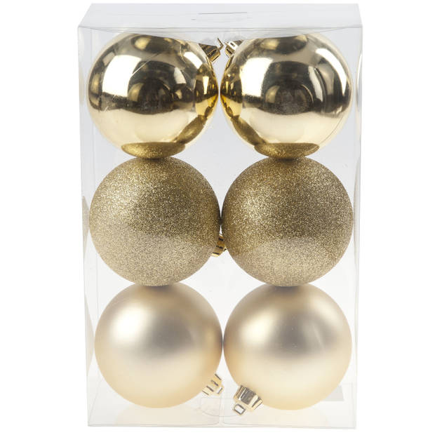 12x stuks kunststof kerstballen mix van champagne en goud 8 cm - Kerstbal