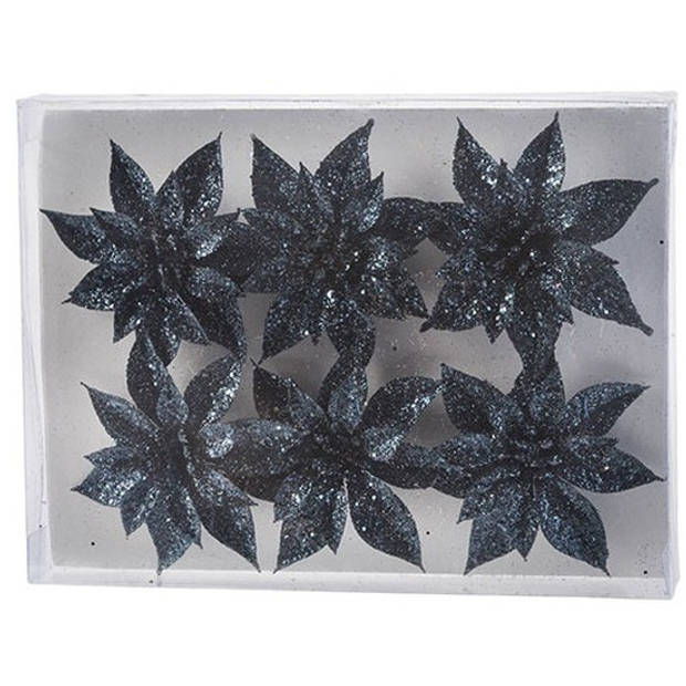 Cosy & Trendy Bloemen op clip - 6x st - donkerblauw - glitter - 8 cm - Kunstbloemen