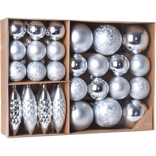 Kerstboomversiering set met 31 kerstornamenten zilver van kunststof - Kerstbal