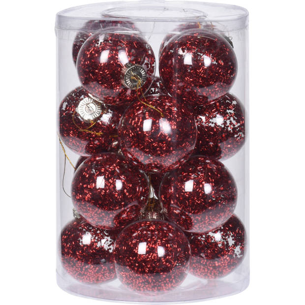Kerstballen - 16x- transparant met rood glitter - 8 cm - kunststof - Kerstbal