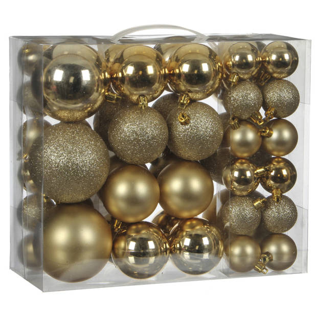 46x stuks kunststof kerstballen goud 4, 6 en 8 cm inclusief kerstbalhaakjes - Kerstbal