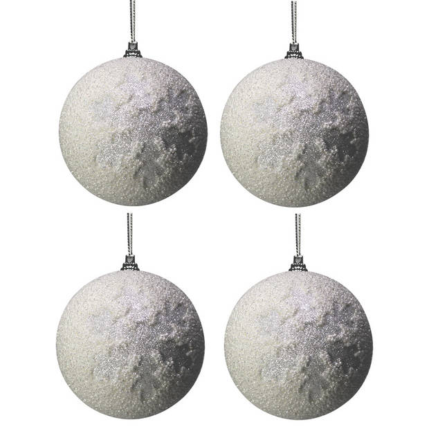 8x Witte kunststof kerstballen met sneeuwvlokken 8 cm - Kerstbal