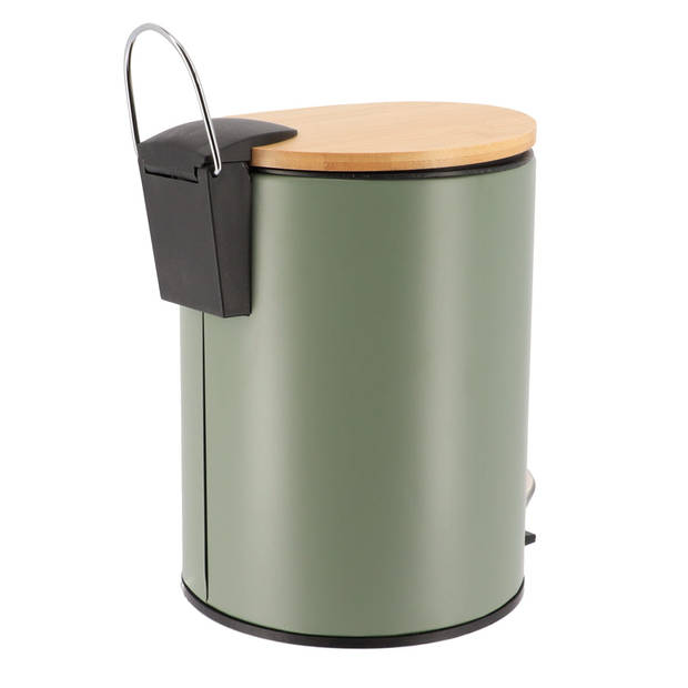 Gebor - Stijlvolle Design Prullenbak met Bamboe deksel – Kaki/Bamboe – Klein formaat – 2.5L – Badkamer – Toilet