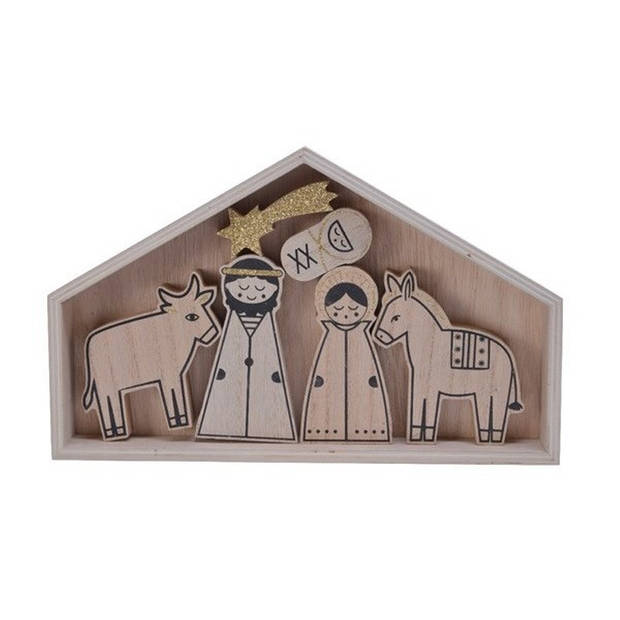 Decoris Kinder kerststal - 32,5 x 20 x 3 cm - met 6 kerststal figuren - triplex wood - Kerststallen