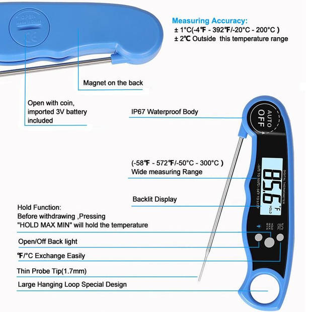 Brauch TP900 Digitale Thermometer voor Keuken, Koken, Voedsel Melk, Vlees, BBQ, Water, Thee Voor Binnen en Buiten,