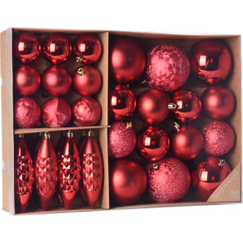 Kerstboomversiering set met 31 kerstornamenten rood van kunststof - Kerstbal