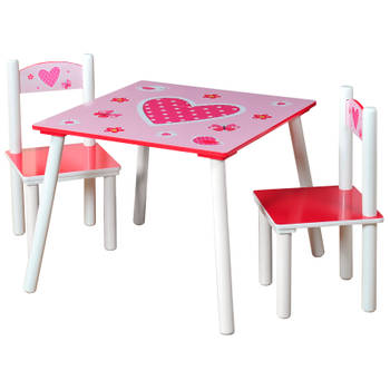 Stevige Kindertafelset met 2 stoelen hartjes motief - Roze/Wit