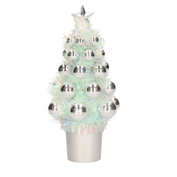 Mini kunst kerstboompje zilver met kerstballen 19 cm - Kunstkerstboom