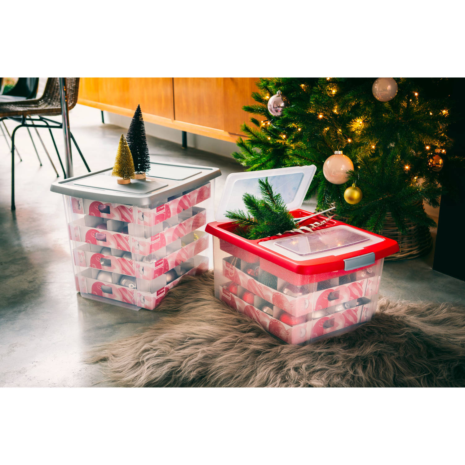 maak het plat extreem Zwaaien Kerst opbergbox Nesta 45L met trays voor 64 ballen - transparant grijs |  Blokker