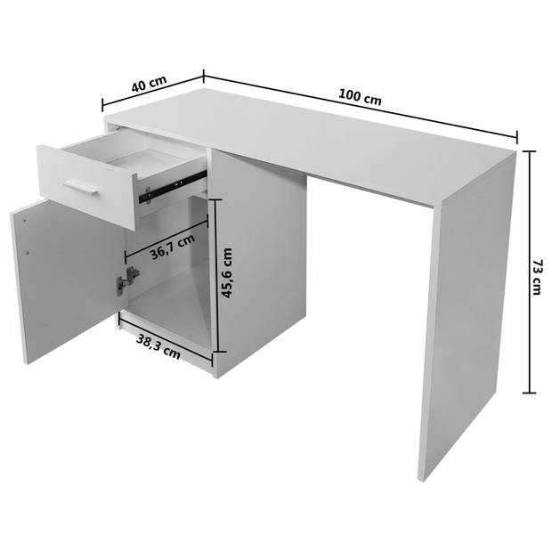 The Living Store Bureau White 100x40x73cm - High-Quality Wood - MDF - 1 Drawer - 1 Cabinet - Aluminum Handles