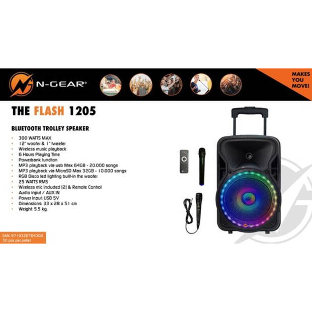 N-GEAR The Flash 1205 - Bluetooth Speaker - Karaokeset - Partybox met 2 Microfoons - Zwart