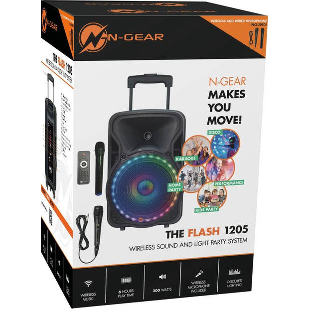 N-GEAR The Flash 1205 - Bluetooth Speaker - Karaokeset - Partybox met 2 Microfoons - Zwart