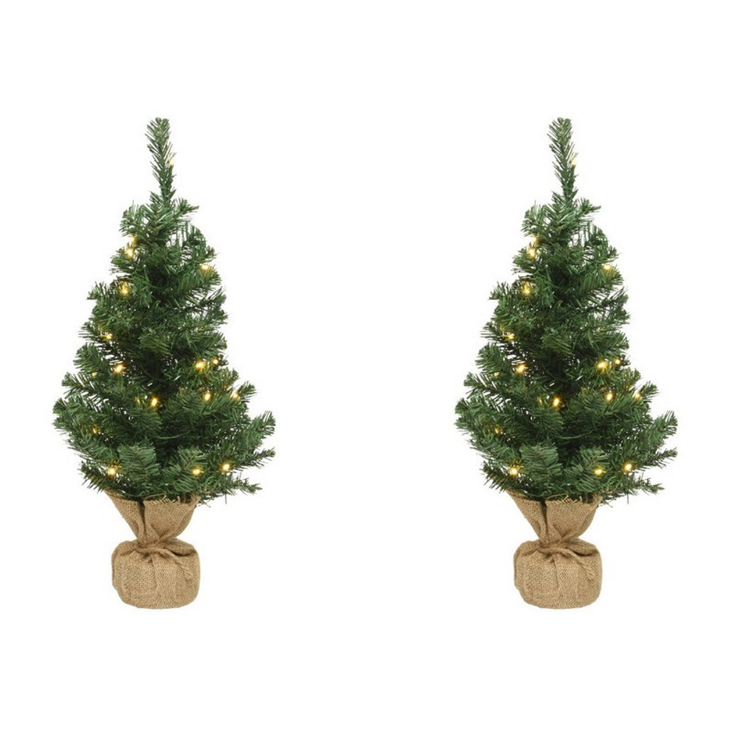 2x Kerst Kerstbomen Groen In Jute Zak Met Verlichting 45 Cm Kunstkerstboom