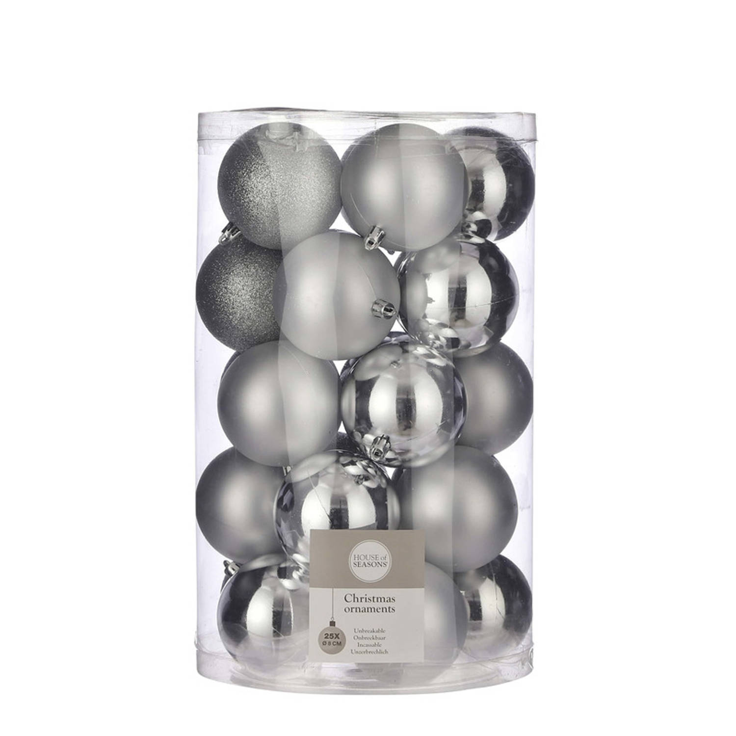 25x Kunststof Kerstballen Zilver 8 Cm - Kerstbal
