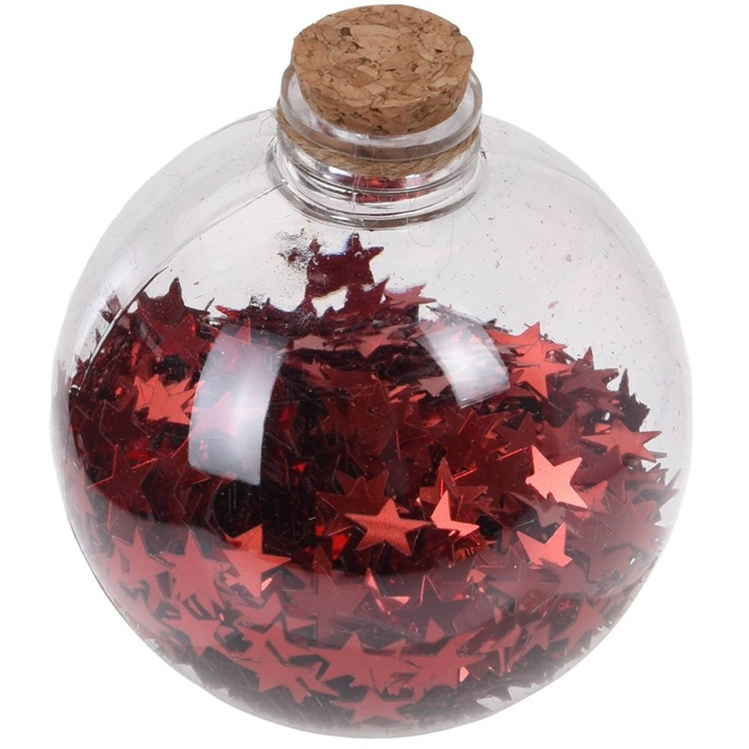 1x Kerstballen transparant/rood 8 cm met rode sterren kunststof kerstboom versiering/decoratie - Kerstbal