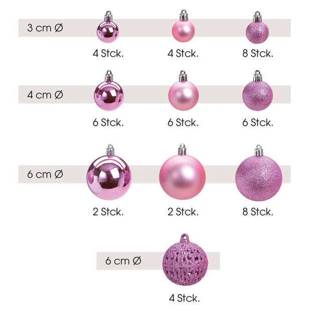 G. Wurm Kerstballen - 50ST - roze - 3 - 4 - 6 cm - kunststof - Kerstbal