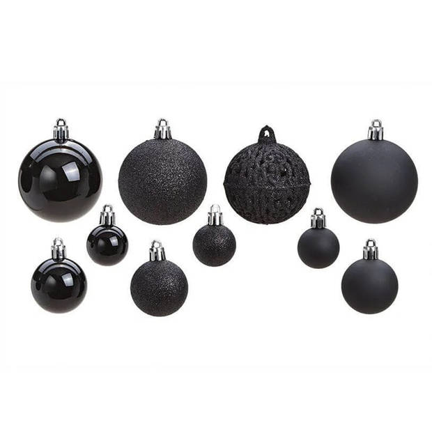 Kerstballen - zwart - 100ST - 3-4-6 cm - kunststof - mix - glans/mat/glitter - Kerstbal