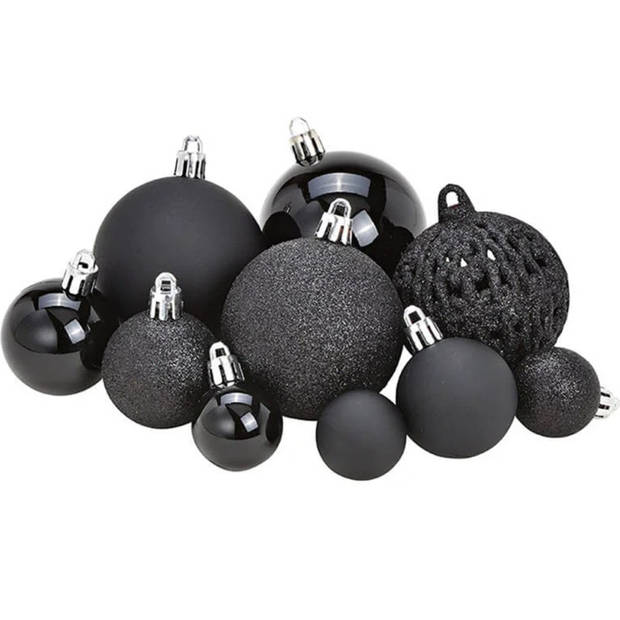 Kerstballen - zwart - 100ST - 3-4-6 cm - kunststof - mix - glans/mat/glitter - Kerstbal