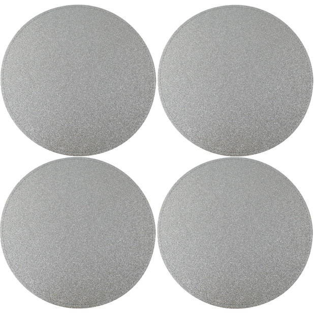 4x Ronde placemats/onderleggers zilver met glitters 33 cm - Placemats
