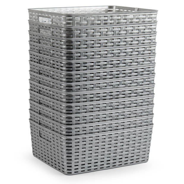 2x Kunststof geweven opbergbakken/opbergmanden zilver 12 liter - Opbergbox
