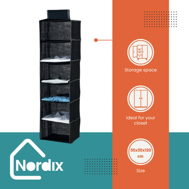 Nordix Kast Organizer - Hangend - Ophangbaar - Kleding organizer - Verdeler - 6 Vakken - 30x30x120 cm