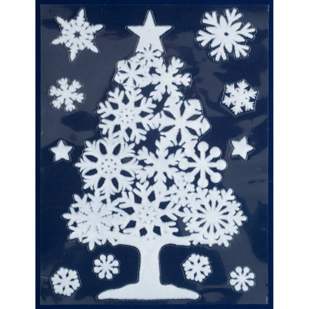 2x Witte kerst raamstickers kerstboom met sneeuwvlokken 40 cm - Feeststickers