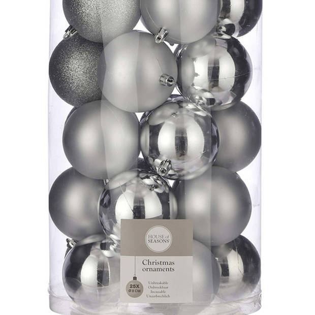 Kerstballen - 25x stuks - zilver - 8 cm - kunststof - kerstversiering - Kerstbal