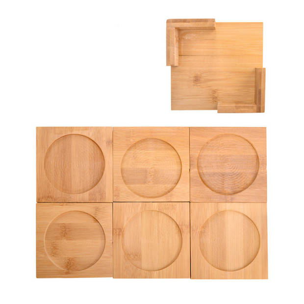 6 Delige Vierkante Onderzetters Set - Bamboe - Incl Onderzetter Houder